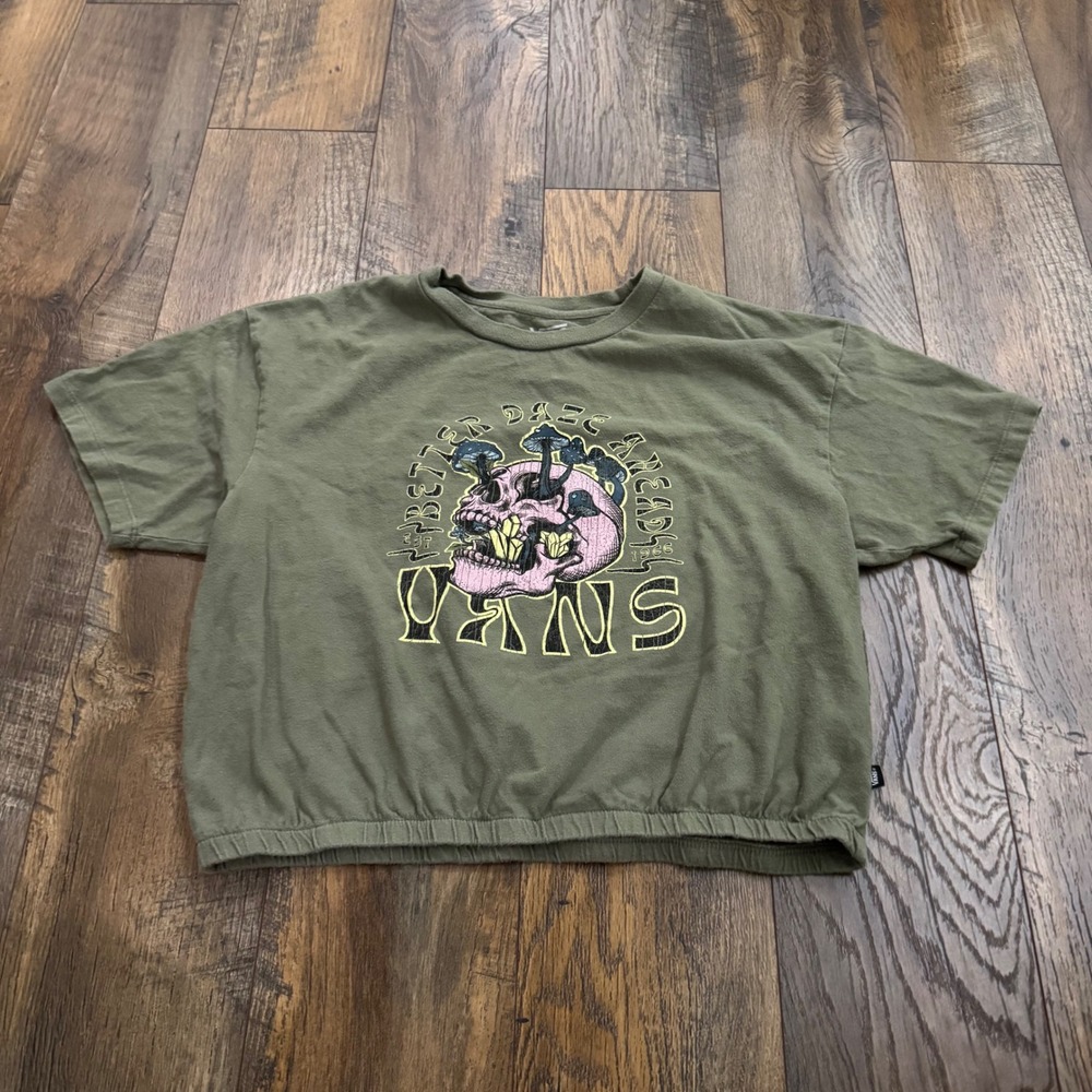 Vans‎ Skull Graphic Cinched Hem T-Shirt Green Cotton Cropped Top M Skater Grunge